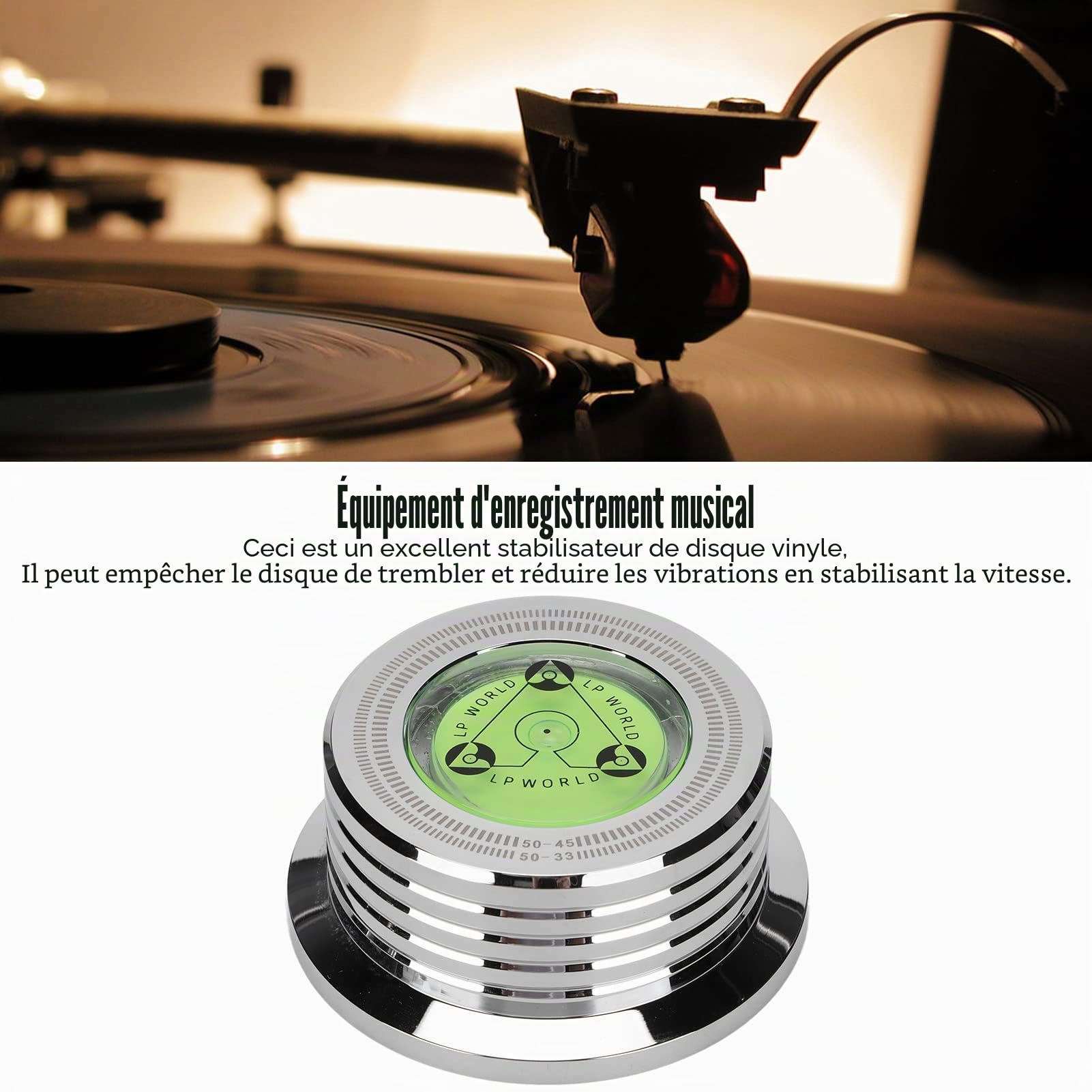 Stabilisateur de Disque Vinyle, Stabilisateur de Poids Record, Pince à Disque en Aluminium avec Mise à Niveau à Bulle pour Tourne-disque LP 50 Hz, Stabilisateur de Disque pour Platines(Argent)
