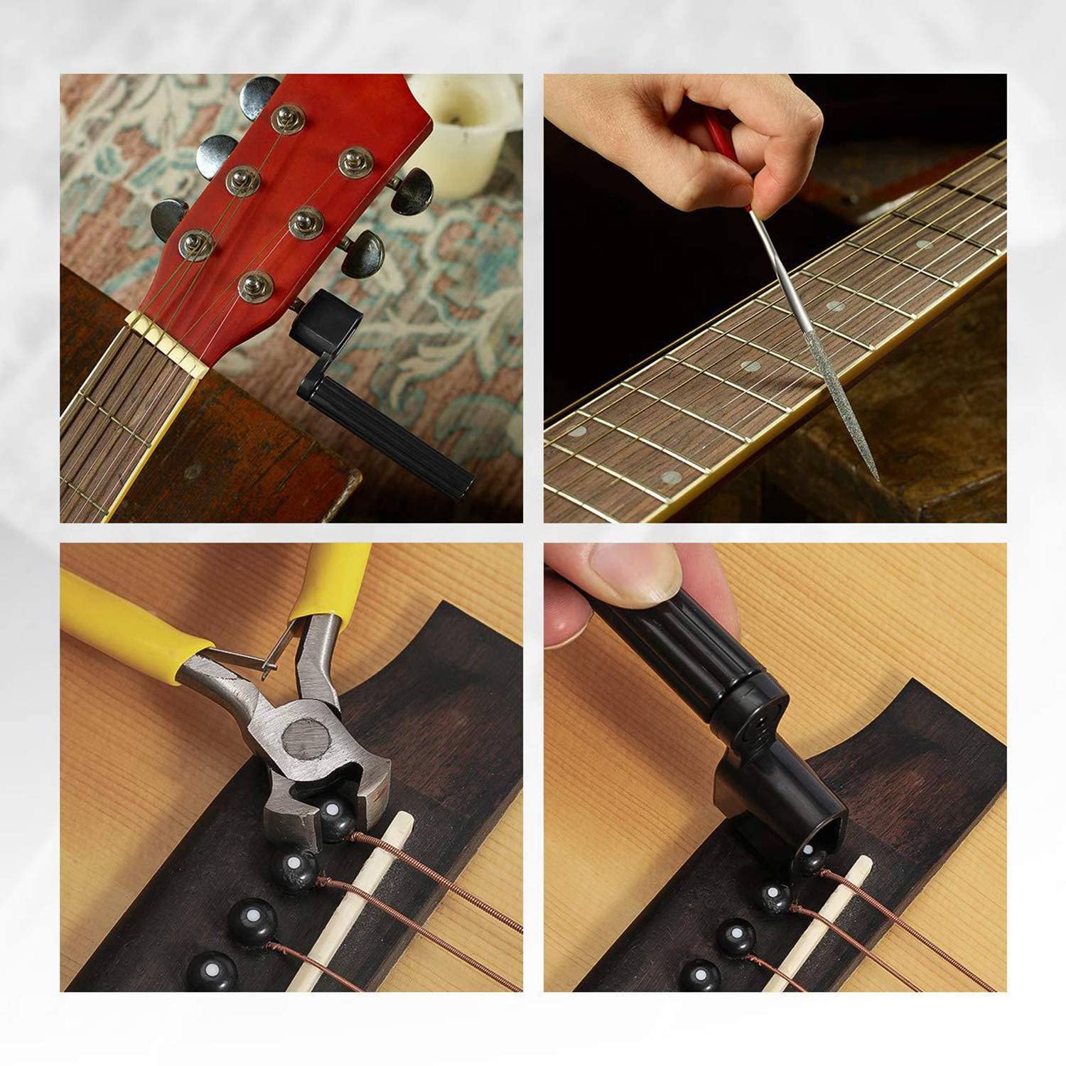 Kit de 72 accessoires de rechange pour guitare - Outils de réparation et d'entretien - Règle d'action des cordes - Chevilles de chevalet de guitare - Avec sac de transport