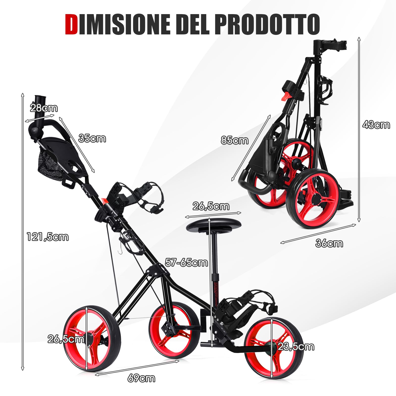 COSTWAY Carrello da Golf Pieghevole a 3 Ruote, con Sedile, Maniglia Regolabile in Altezza, Rabellone Segnapunti, Portabevande, Portaombrelli e Freno a Pedale
