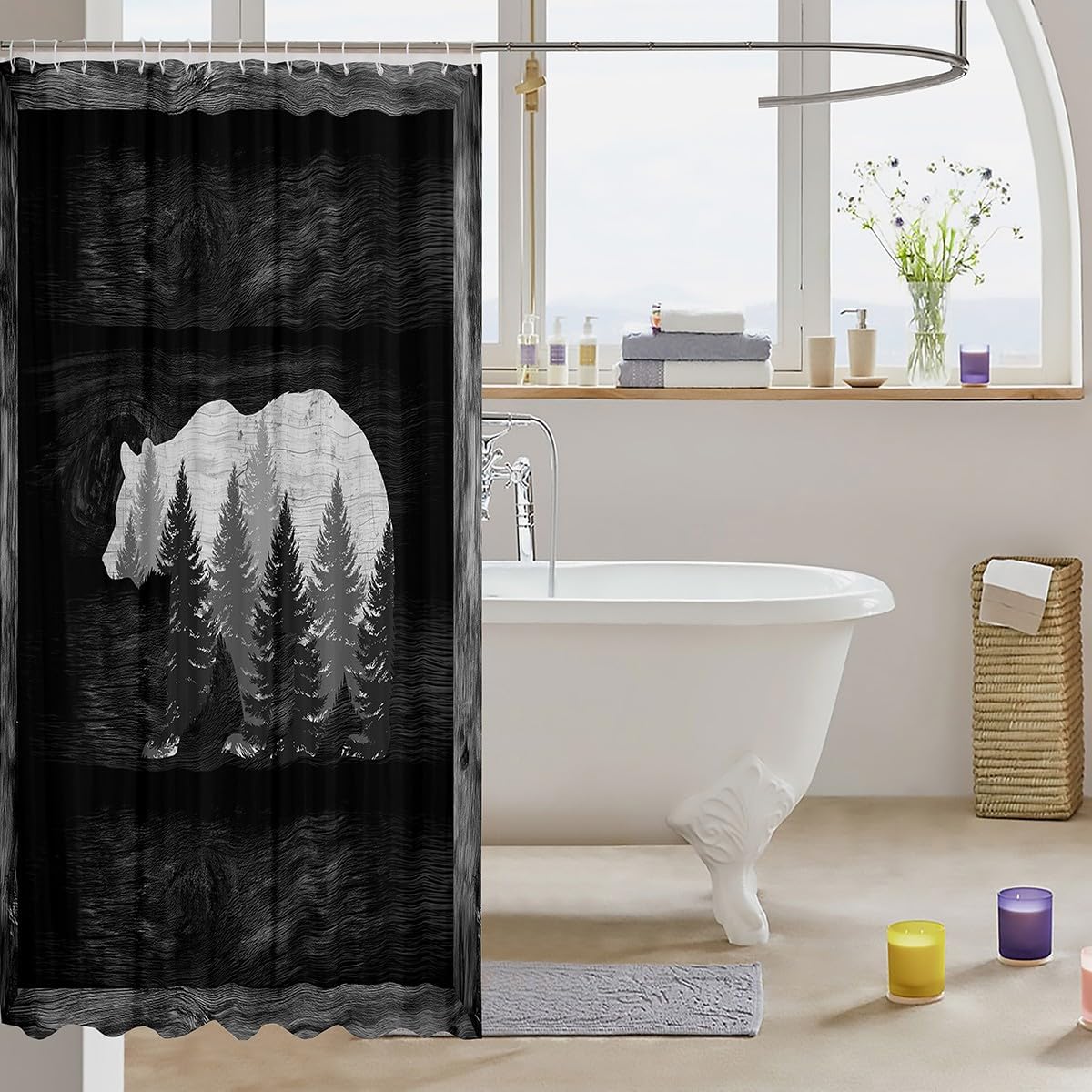 Wild Bear Shower Curtain with Hooks,Lodge Cabin Style Jungle Animal Room Decor Bath Curtain,Farmhouse Style Barn Door Gray Bathroom Accessories Waterproof Panel,72x 84 Inches