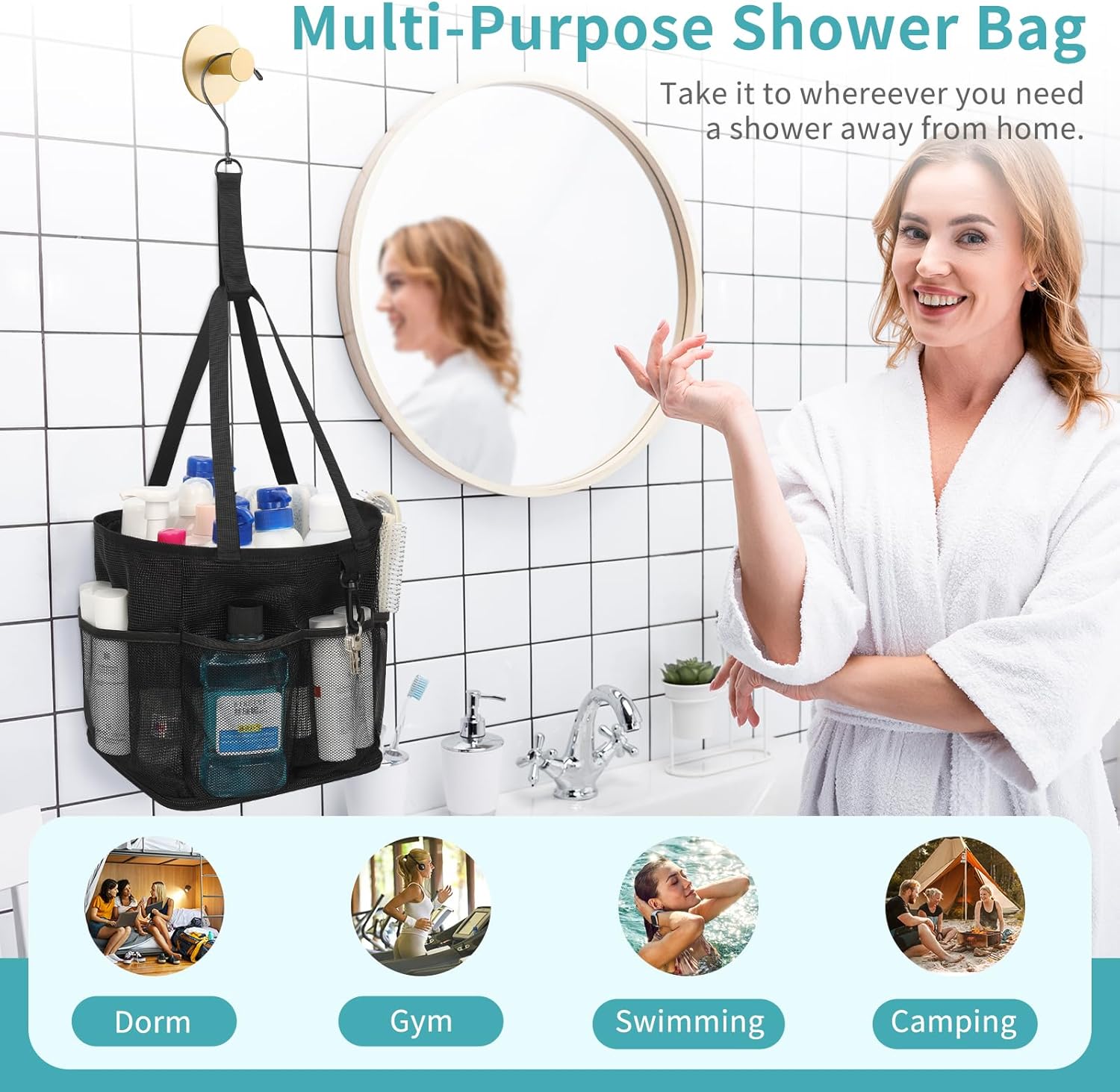 Mesh Shower Caddy Portable for College Dorm Room Essentials, Shower Tote Bag with Hanging Hook and Drawstring, Quick Dry Toiletry Bag with 6 Pockets for Bathroom, Swimming, Gym, Camping, Beach, Travel - Image 6