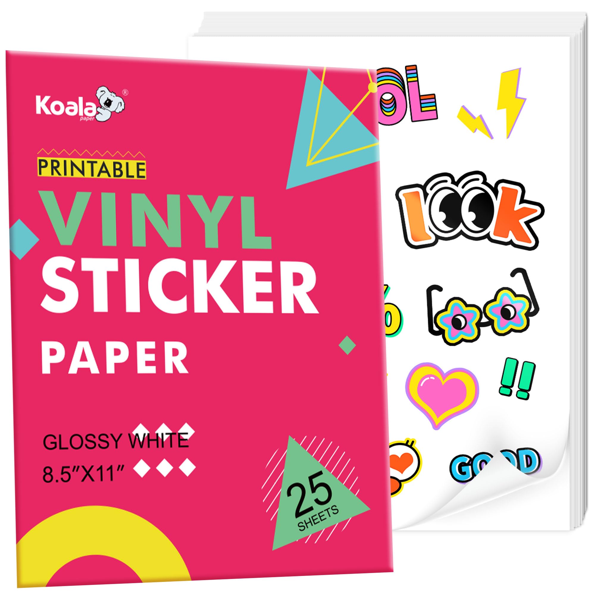 Koala Printable Vinyl Sticker Paper for Inkjet and Laser Printers, 25 Sheets Glossy White Waterproof Sticker Paper, 8.5x11 Inch Sticker Printer Paper For Print Your Own Stickers