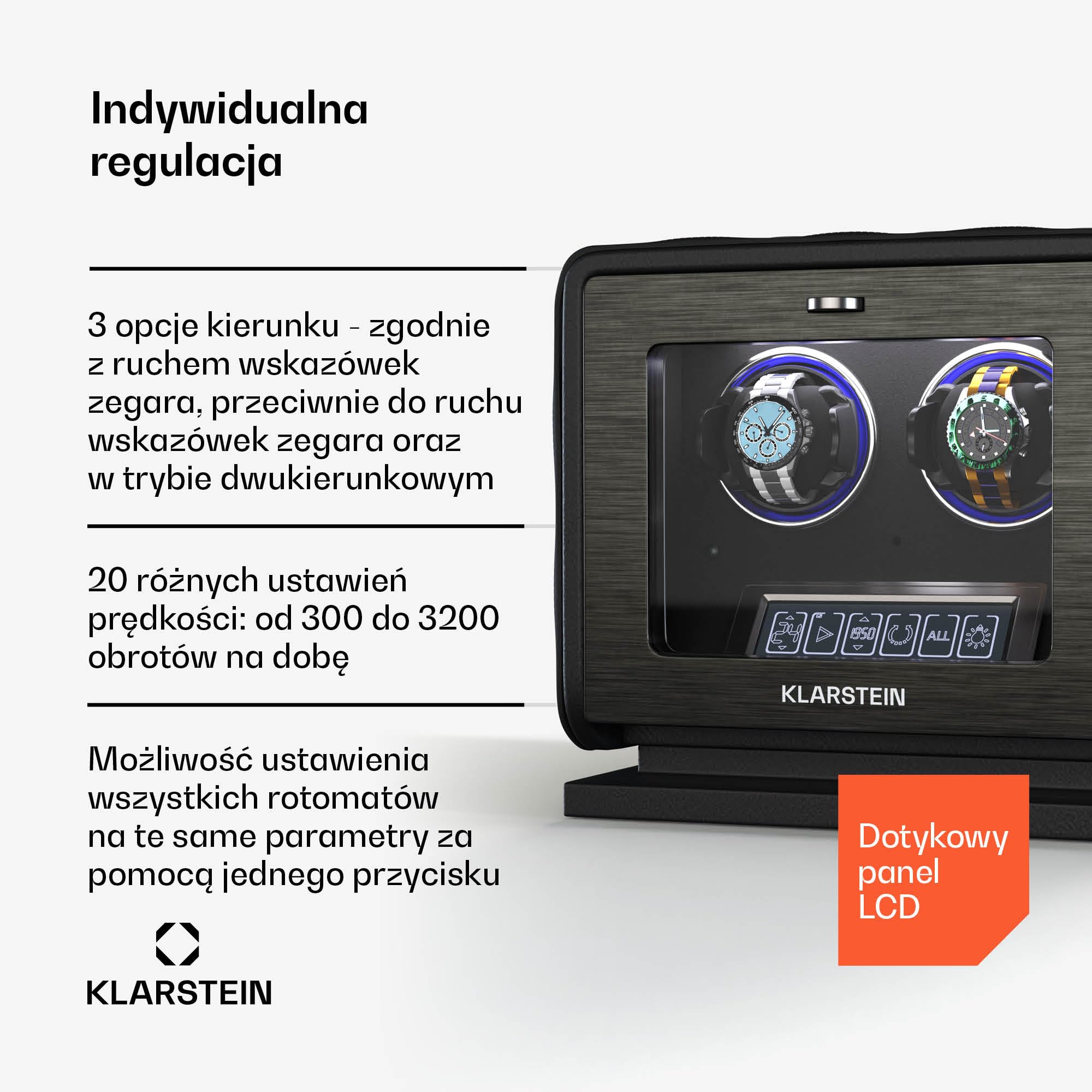 Klarstein LuminousTime Rotomat 2 zegarki – Automatyczny rotomat z cichym japońskim silnikiem, Panel dotykowy LCD i pilot, 20 ustawień TPD, Oświetlenie RGB i LED