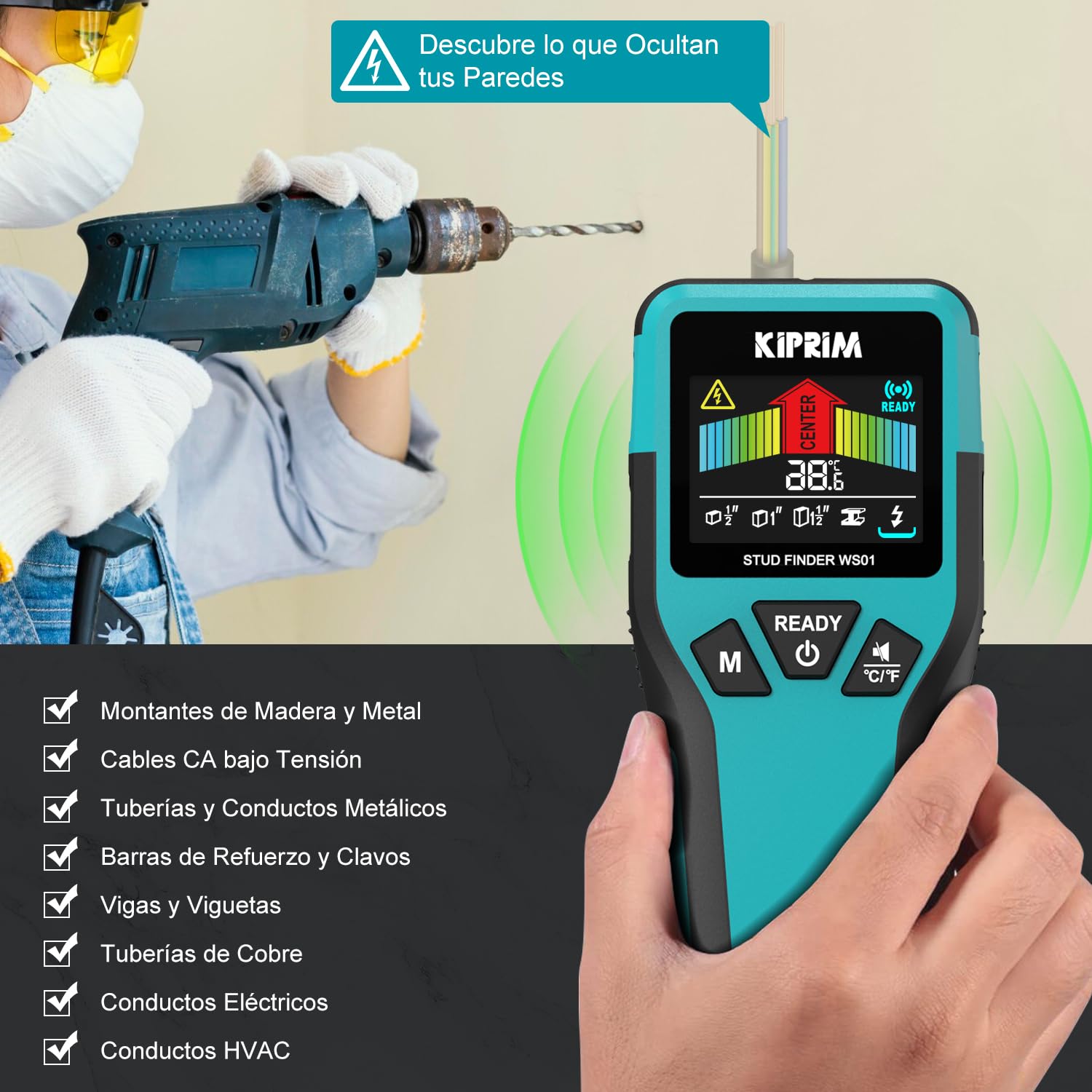 Kiprim Detector de Metales y Vigas, Detector de Pared 5 en 1 Profesional, Localiza Madera (13/25/38mm), Metales (45mm) y Cables AC Vivos (70mm) con Pantalla LCD e IP54 - WS01