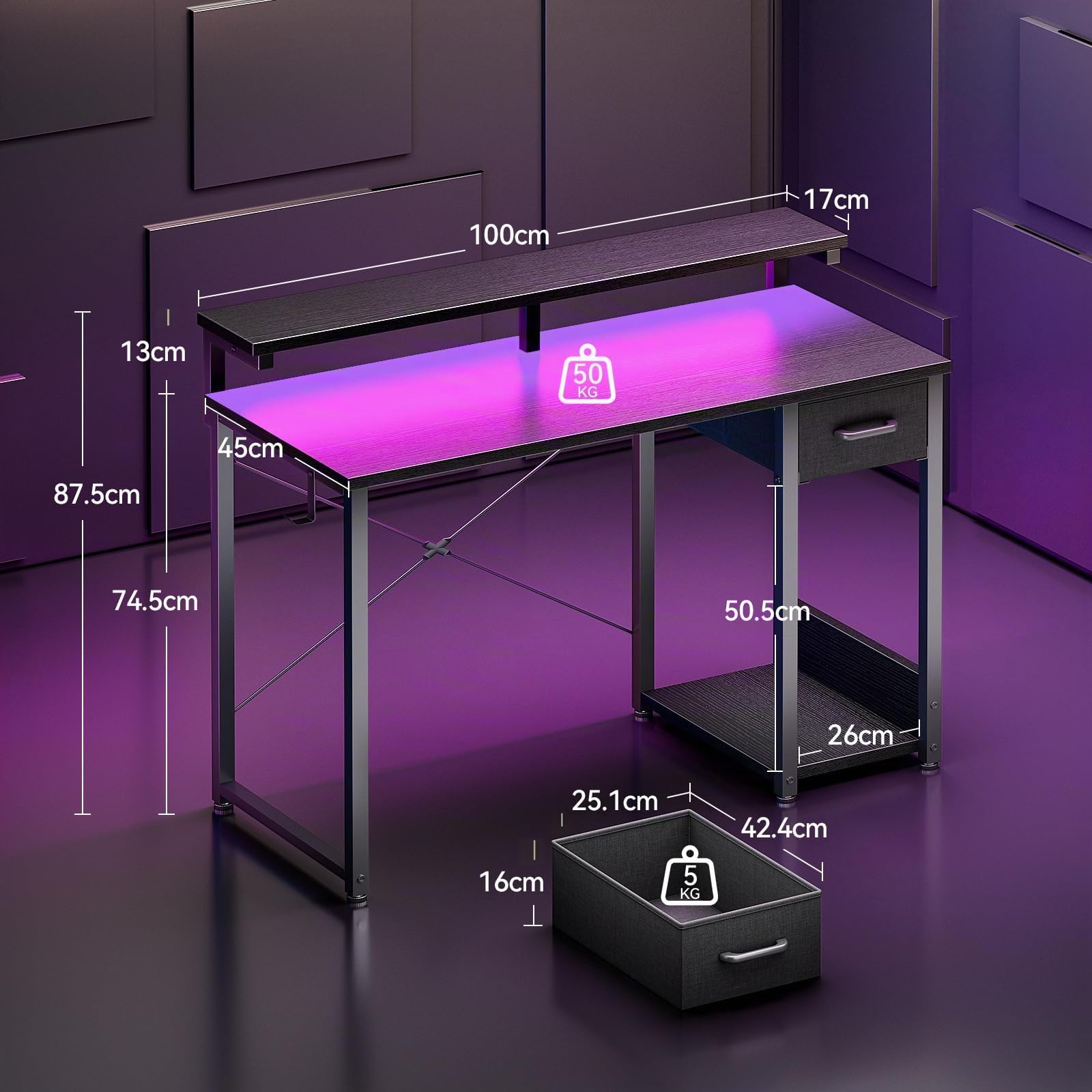 Coleshome Escritorio con Cajones de Tela, 100x45cm Mesa Gaming con Luces LED, Escritorio Gaming Reversible con Estanteria y Gancho para Auriculares para en Casa y Dormitorio, Negro