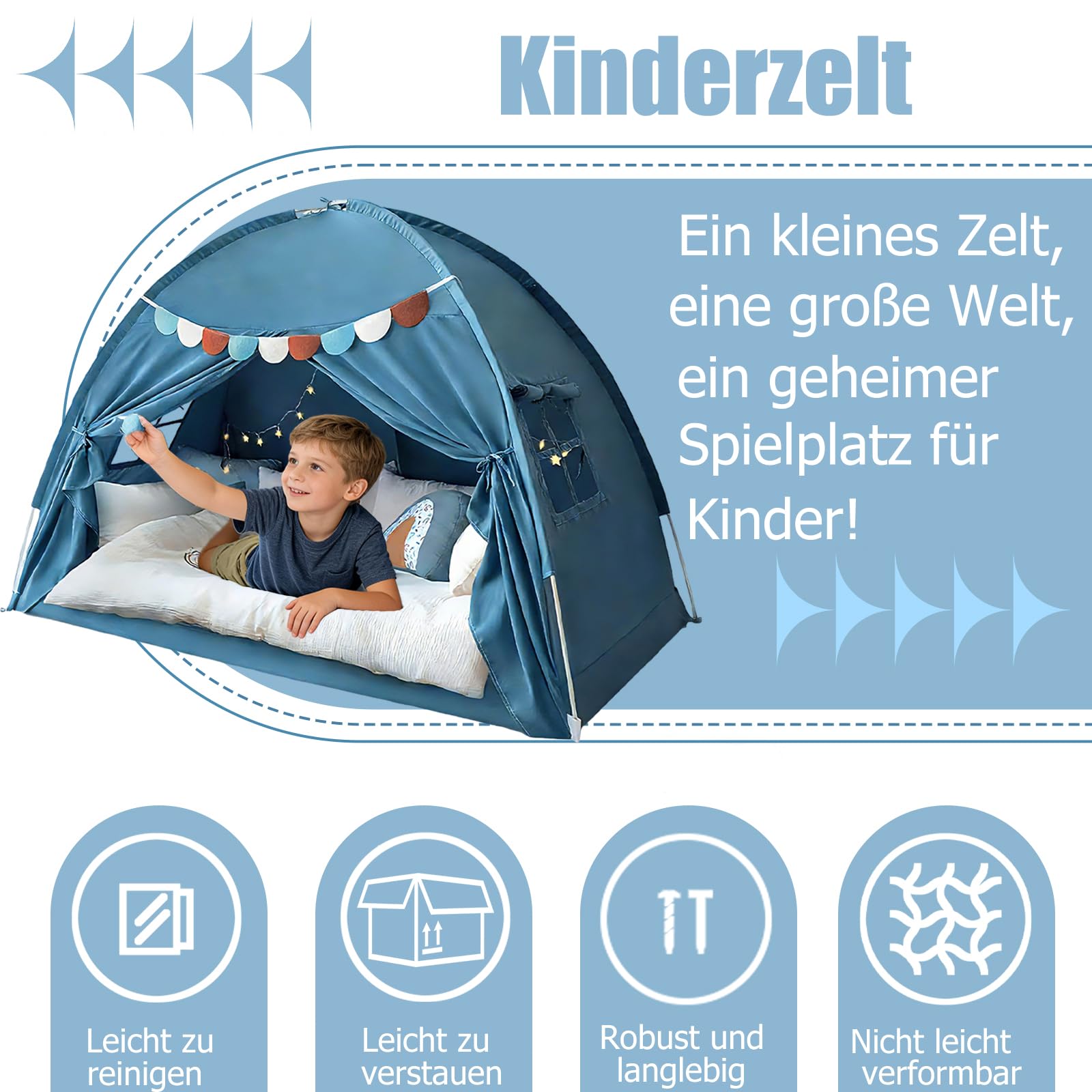 Kinderzelt Indoor,Zelt Kinderzimmer Mits Buntens Fahnen,Tipi Zelt für Kinder,Spielzelt Kinder Indoor,Faltbars Spiels Haus für Gartens Campings (G-Blau-[194x98x120cm])