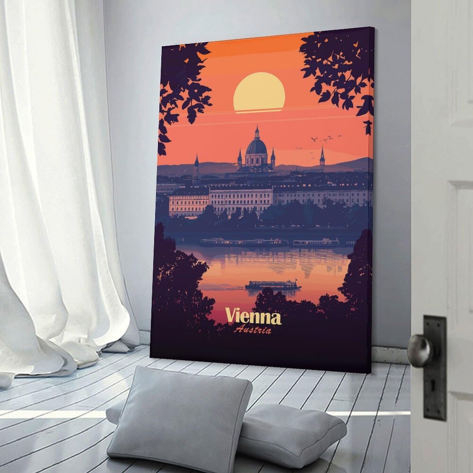Junmoney Frame-Style-1 Vienna Sunset Cityscape Room Decor Wall Art 24X36inch(60X90cm), For Lounge Decor, Offices Or Entryway Styling, A Flexible Wall Accent For Shared Spaces
