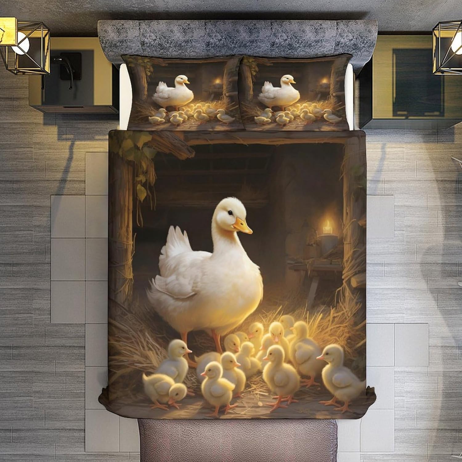 3-częściowy komplet pościeli z motywem gęsi, 220 x 240 cm, poszewka na kołdrę 220 x 240 cm, kaczka, druk 3D, zestaw pościeli z miękkiej mikrofibry z zamkiem błyskawicznym i 2 poszewkami na poduszkę 80