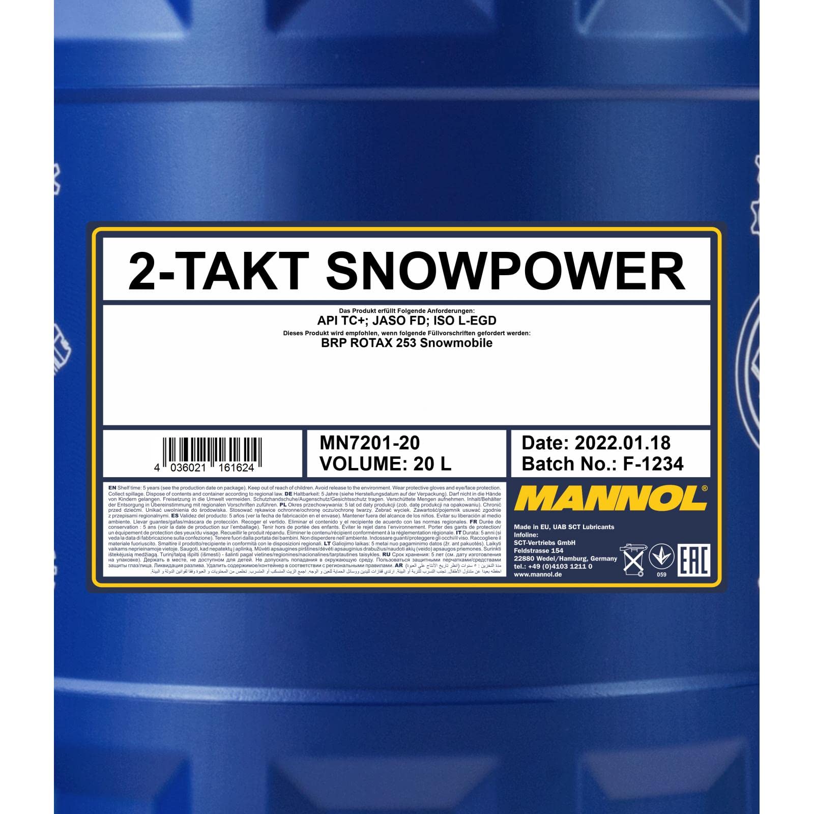 MANNOL 7201 Snowpower 2-Takt-Öl Schneemobil, synthetisch, bis -30°C, 20L | Synthetiköl mit JASO FD, API TC+, ISO L-EGD für BRP Rotax, Polaris, Yamaha, schützt vor Ablagerungen und Korrosion