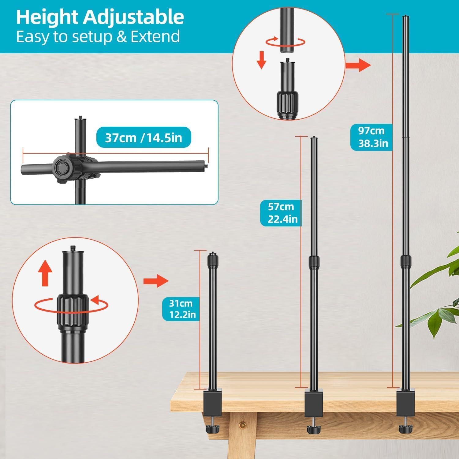 OS02 Supporto da tavolo per Fotocamera, 31 – 97 cm, Regolabile, per DSLR, Treppiedi con Braccio Flessibile e Testa a Sfera da 1/4" per Fotocamera, Luce ad Anello Live Streaming