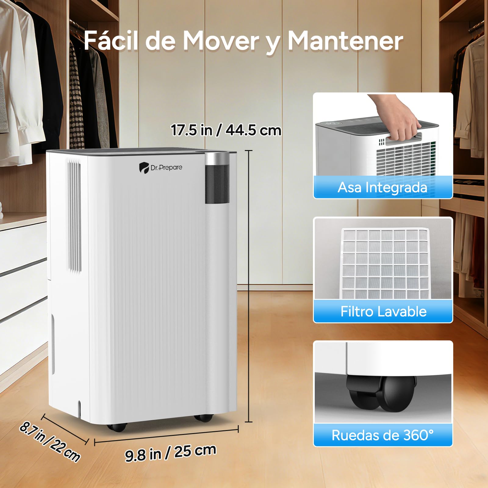 DR.PREPARE Deshumidificador 15L/24h Deshumidificador Silencioso 35 dB con Temporizador 24h 3 Modos Ruedas Giratorias Ideal para 20-30 m² Para Dormitorio, Sótano, Autocaravana, Lavadero