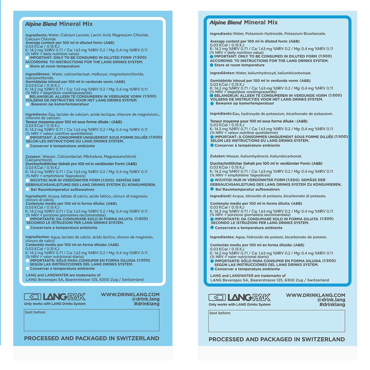 LANGWATER Alpine Blend Minerales. 2 paquetes de Minerales Naturales Líquidos (Calcio, Magnesio) Aditivo Mineral para el Purificador de Agua Osmosis Inversa LANG TheWell - Mejore Agua Osmosis
