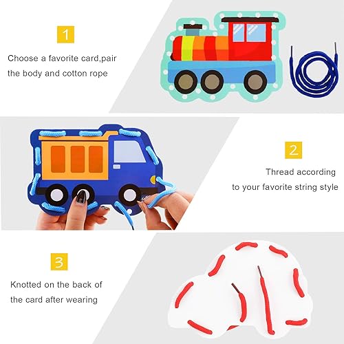 Miniatura 3 de Zonon 8 tarjetas de cordones para niños, tarjetas de costura en 8 patrones, juegos de cordones para desarrollar imaginación, suministros educativos