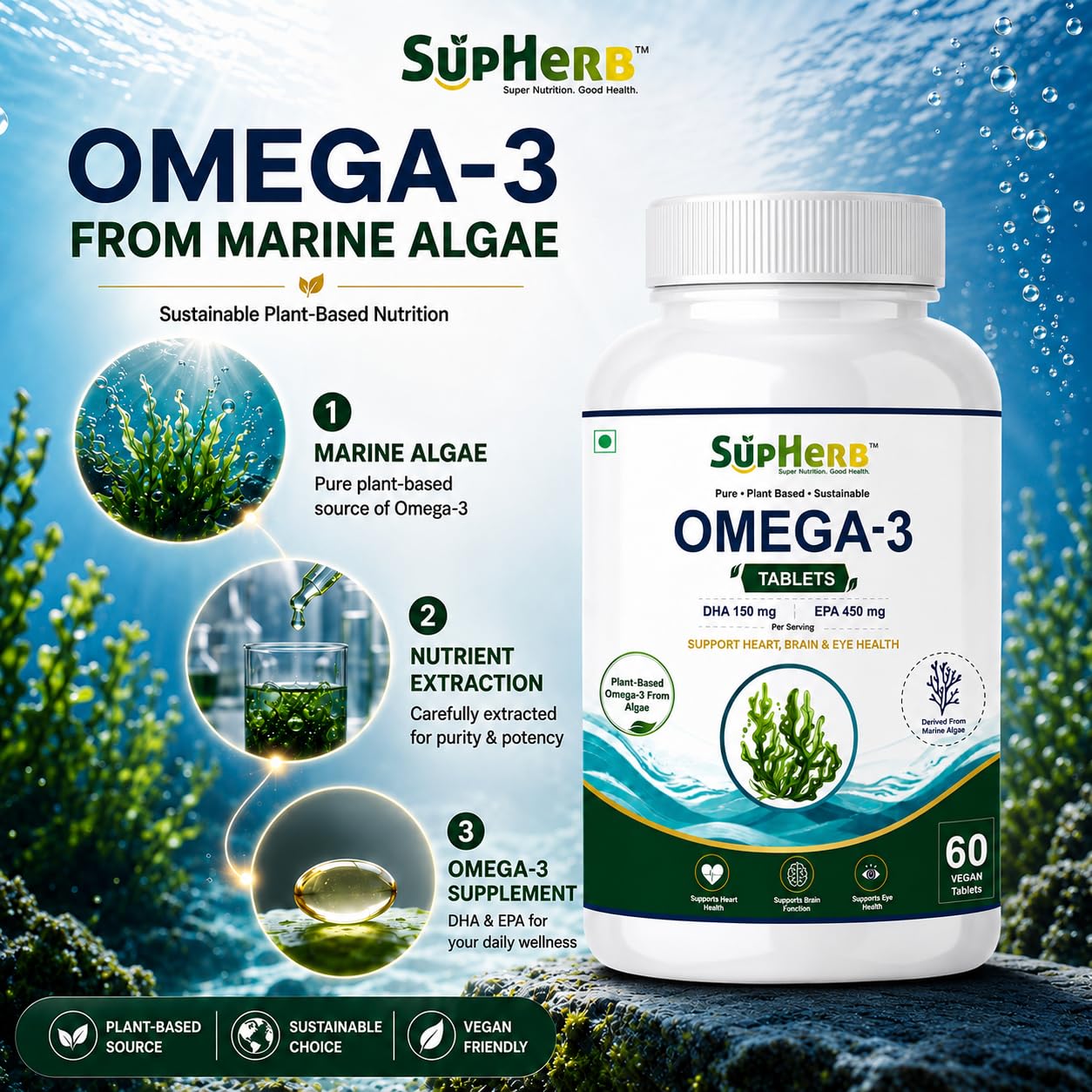 SupHerb Omega-3 Vegan Tablets – Plant Based Omega 3 from Marine Algae, DHA 150mg & EPA 450mg, Supports Heart, Brain & Eye Health, Sustainable Fish Oil Alternative, Soy Free & Gluten Free, 60 Vegan Tablets — Amazon image 5