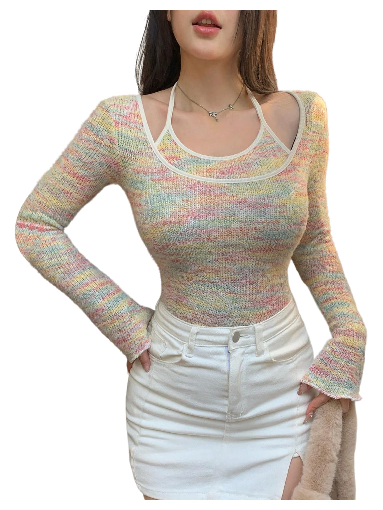 SHENHE Womens Fall Bell Sleeve Knit Sweaters Space Dye Going Out 2 in 1 Halter Pullover Tops