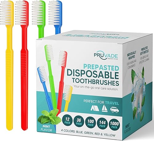 PRUVADE Paquete de 36 cepillos de dientes desechables con pasta de dientes, integrados - Cepillos de dientes prepegados individualmente  Cepillo de