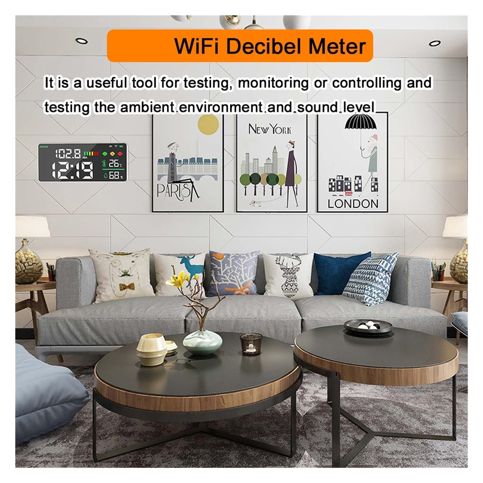 WiFi Noise Decibel Meter 4in1 Temperatur Luftfeuchtigkeit Decibel Test Wecker 11 Zoll LED-Farbverbindungssteuerung Breites Anwendungsspektrum