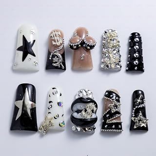 10 Pieces Luxury Acrylic Press On Nails Long Handmade Duck Nails, White And Black Thickened False Nails, Exaggerated Lips And 3D Dollar Sign, Reusable Fake Nails, Valentines Day Nails (S)