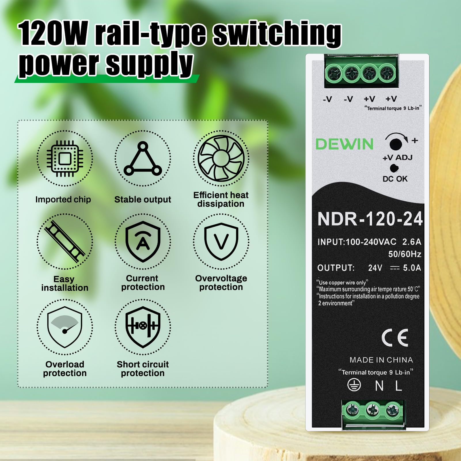 Alimentation sur rail din 24V 5A 120W bloc d'alimentation pour rail din transformateur Entrée AC100-240V 2.6A sortie DC24V 5A alimentation à découpage industrielle NDR-120-24