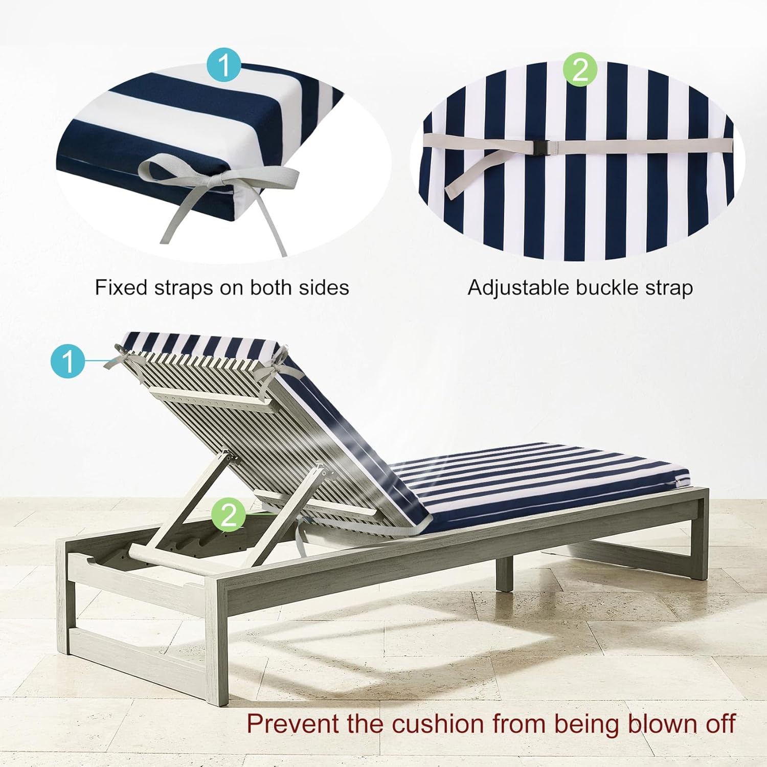 NettyPro Outdoor Patio Chaise Lounge Chair Cushion Covers with Zipper and Tie, Water Repellent UV Resistant, 72 x 22 x 3 Inch, Replacement Slip Cover Only, Stripes Navy Blue and White