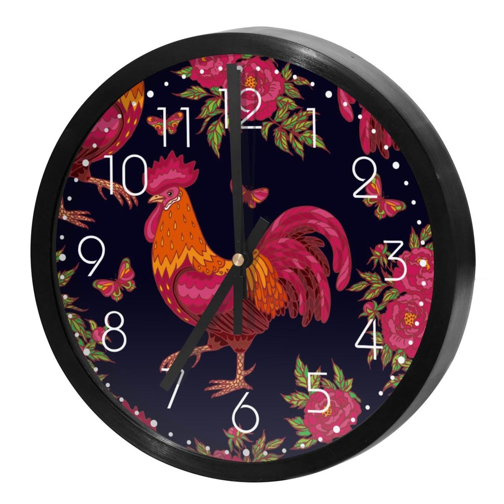 Horloge murale à quartz silencieuse au design raffiné de pivoine et coq rouge