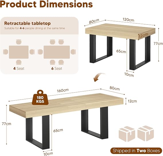 ROCSUMOO Dining Table 120-160cm Extendable Table Wooden Kitchen Table Long Expandable Dining Tables for Living Room Home 4-6 Peoples (Natural Wood)