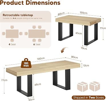 ROCSUMOO Dining Table 120-160cm Extendable Table Wooden Kitchen Table Long Expandable Dining Tables for Living Room Home 4-6 Peoples (Natural Wood)