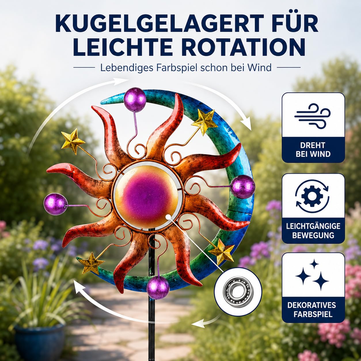 Girandola colorata sole luna e stelle per giardino in metallo scacciapensieri mulino a vento 124 cm