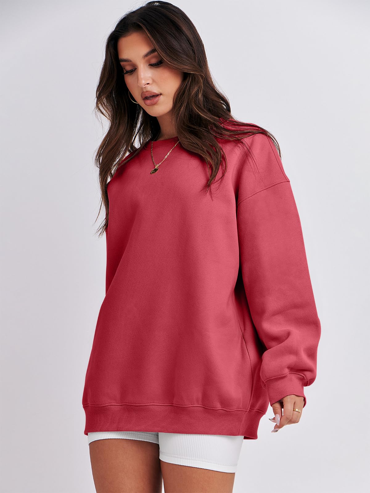Damskie bluzy oversize bluzy z kapturem polar okrągły dekolt sweter top codzienne jesienne stroje preppy ubrania nastolatki 2024 A1019 światło, Jeden kolor, Peachy_M