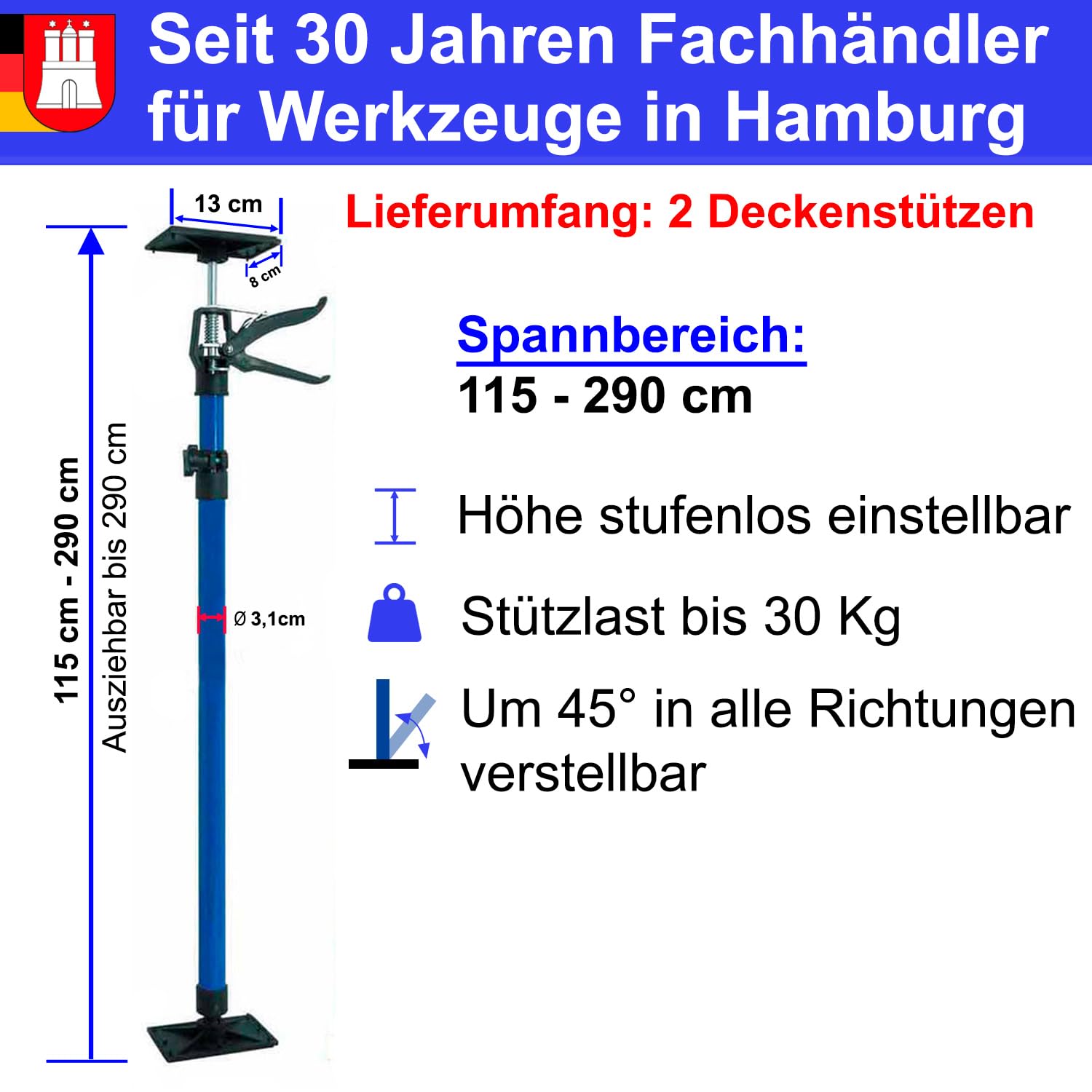 2 Stk. Deckenstütze Montagestütze 115-290cm Schnellspannstütze Türspanner Einhand- Stütze Teleskopstange Zargenspanner 30kg Stahl