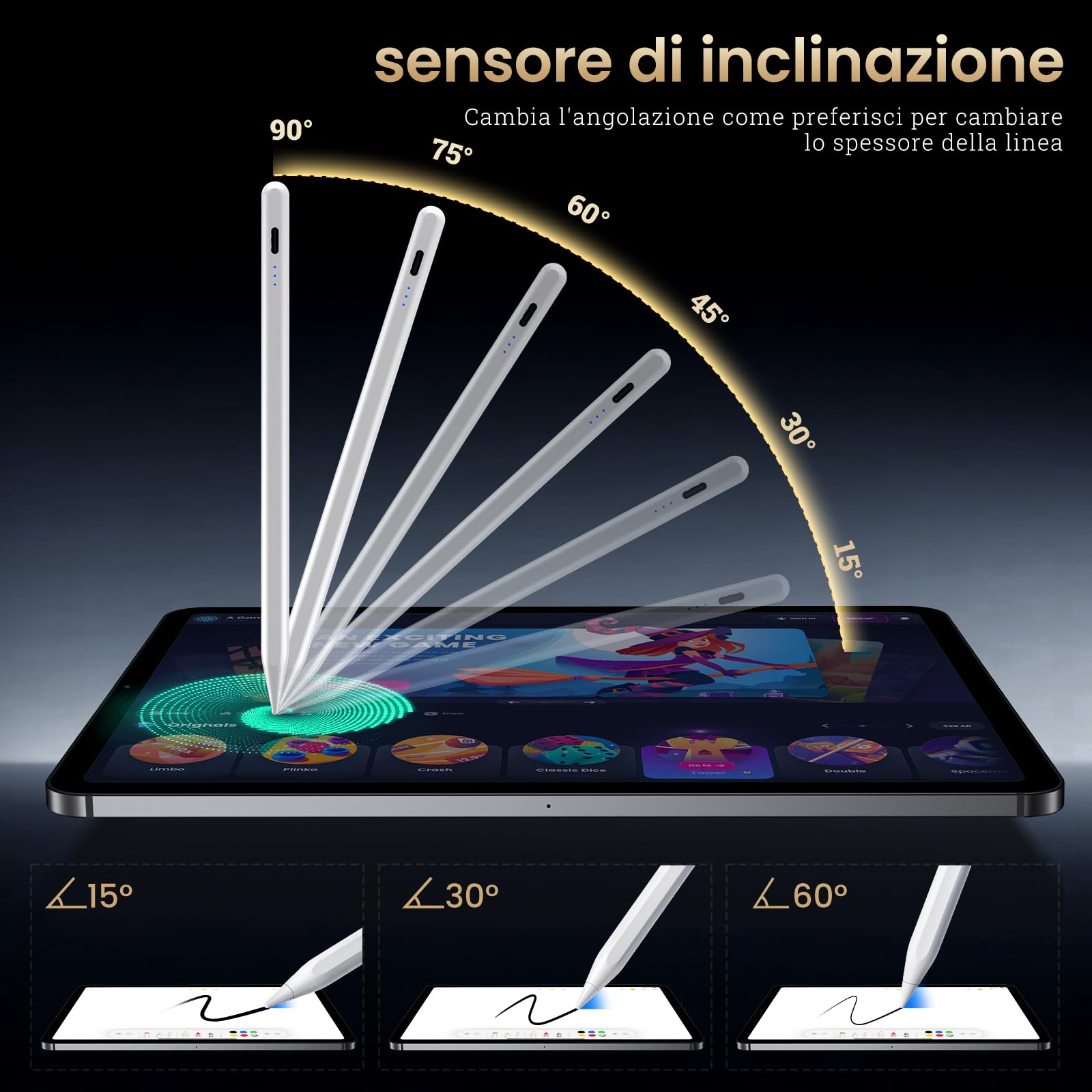 BAZO Penna Compatibile con iPad 2018-2025, Penna per iPad Palm Rejection, Ricarica rapida, Sensibilità All'inclinazione, per ipad 11 A16/10/9/8/7/6,Pro 11/12.9,Air 3/4/5/M2/M3,Mini 5/6. bs