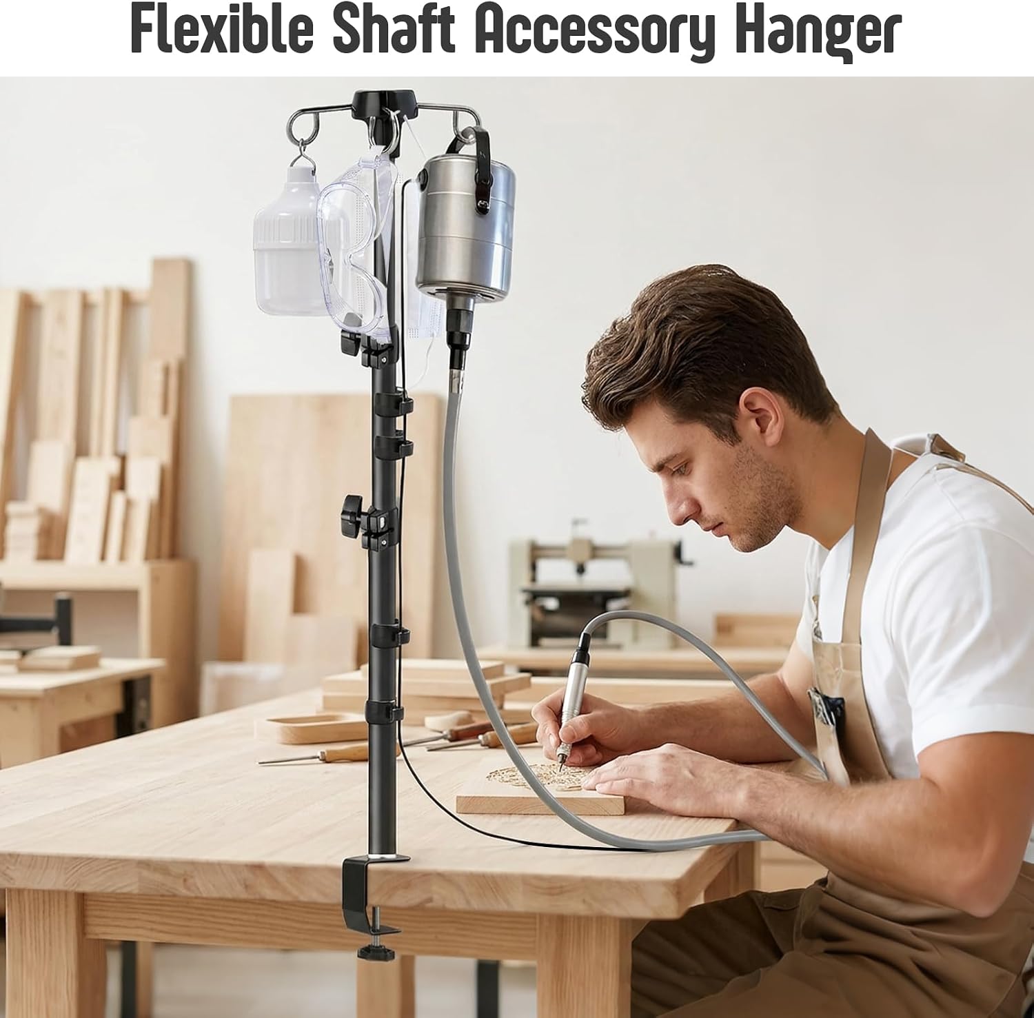 Rotary Tool Hanger Stand, Flex Shaft Rotary Motor Mount for Foredom Tool | Adjustable Height 15.7" to 33.5", Compatible with Foredom, Dremel, Grobet Tool, 4 Metal Hooks, Cable Clips
