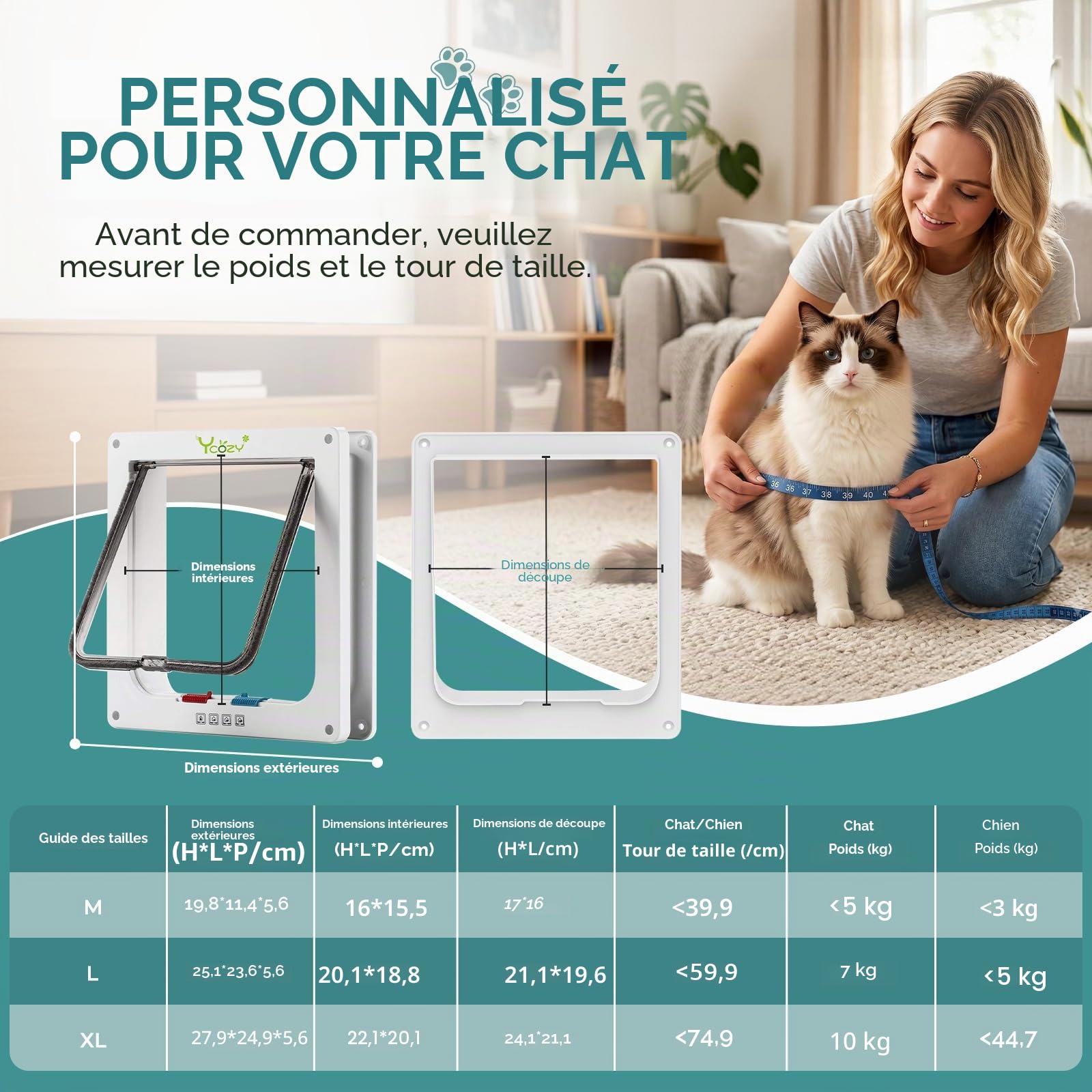 Ycozy XL Chatiere pour Chat Taille Extérieure 27.8 x 25cm Porte Intérieure de Verrouillage à 4 Voies pour Intérieur Porte Extérieure Fenêtre Murale, Rabat de Chat Résistant aux Intempéries Animal