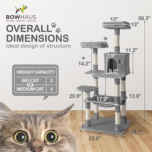 Miniatura 2 de BOWHAUS Árbol alto para gatos o gatitos grandes de interior, árbol de actividades para gatos de varios niveles con postes rascadores, hamaca,