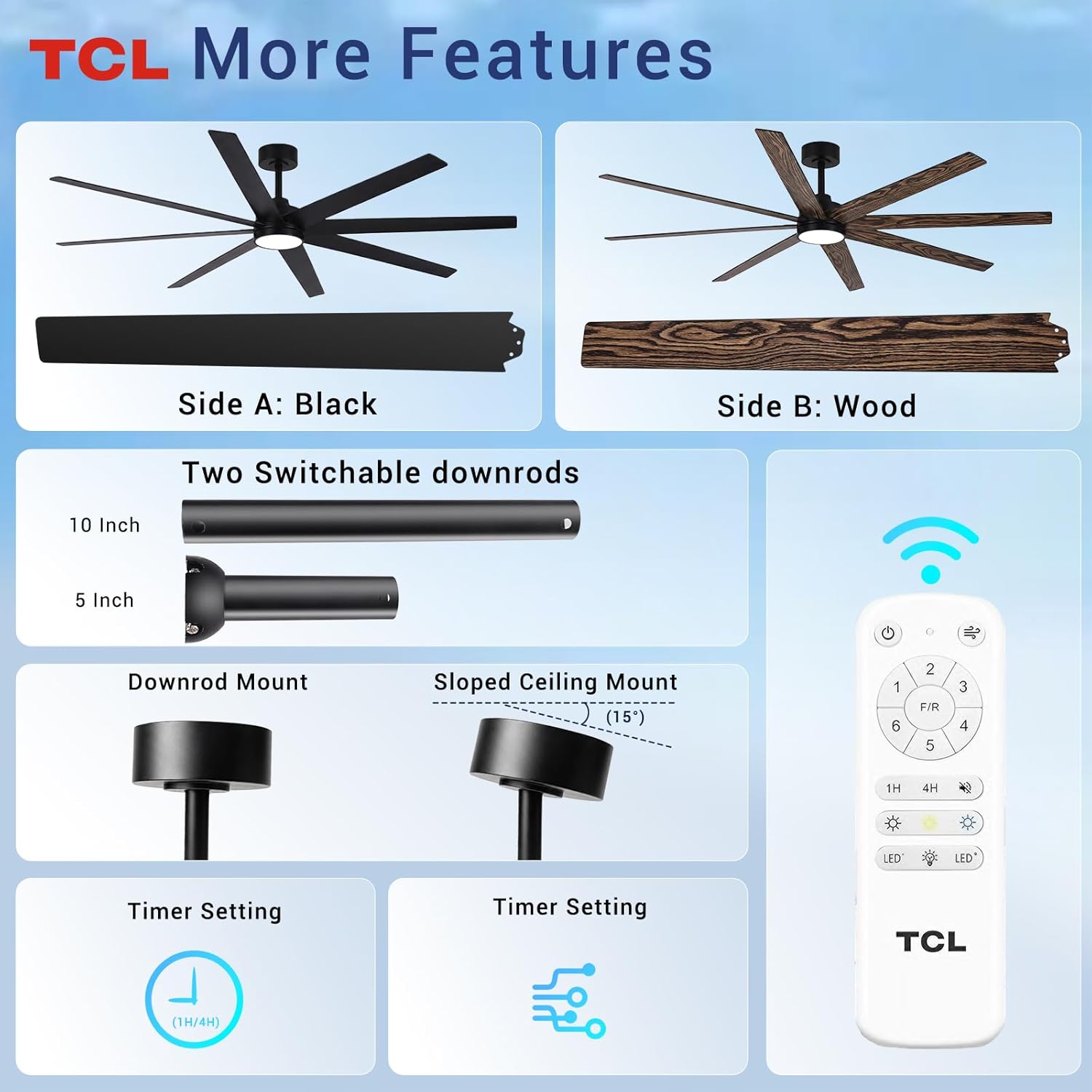 TCL 72 Inch Large Ceiling Fans with Lights and Remote, Quiet Modern Ceiling Fan, 3 CCT Dimmable Remember LED Reversible 8 Dual Side Blades for Living Room Patio Garage Indoor/Outdoor (black, 72)