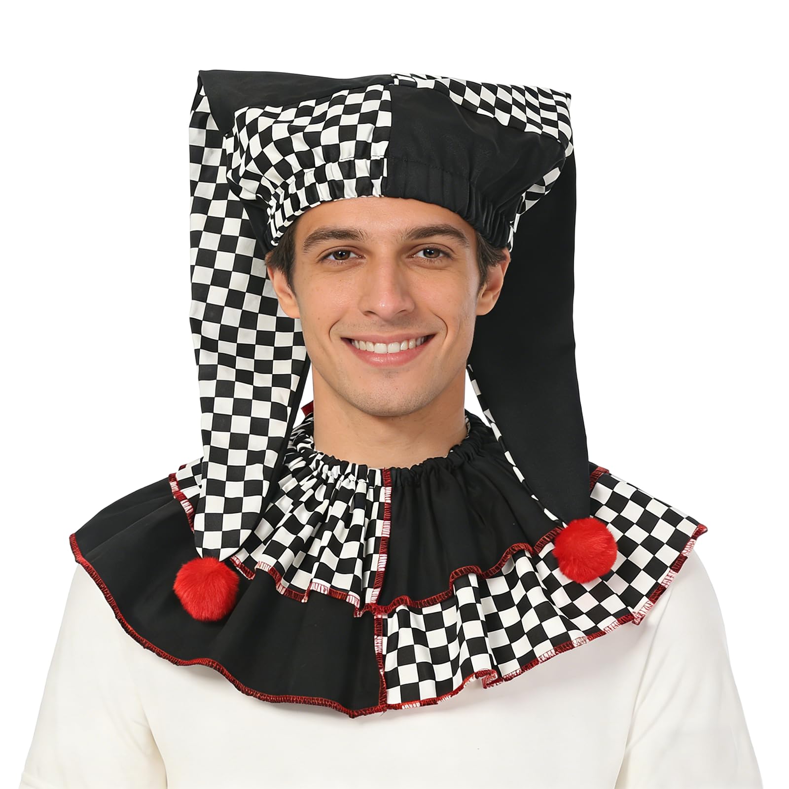 UniqKaliber Halloween Jester Costume Set Clown Ruffle Collar Black White Clown Hat with Pom Poms