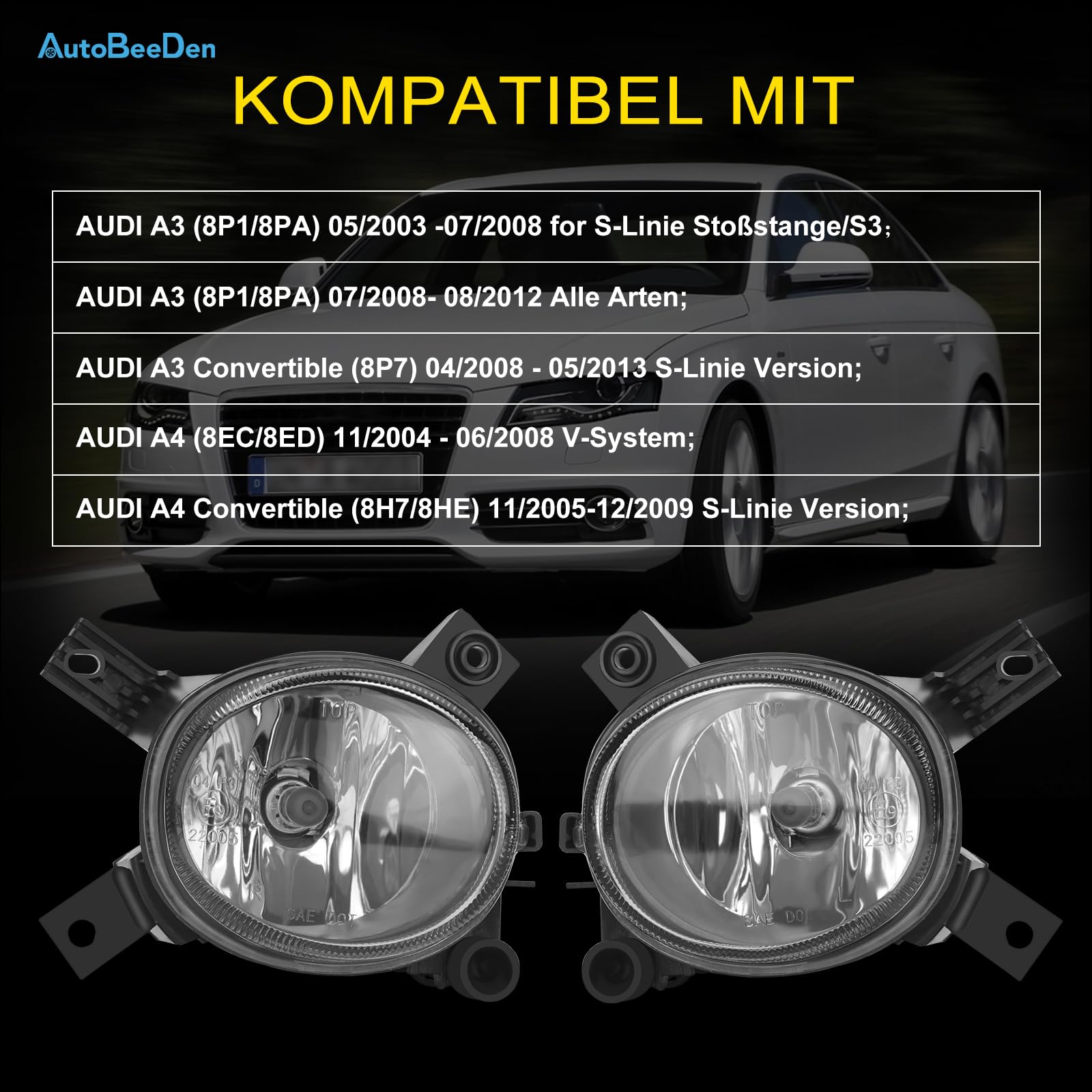 Nebelscheinwerfer kompatibel mit Audi A4 A3 S3, 8EC 8ED 8H7 8HE 8P1 8PA 8P7, V-System S-Linie Stoßstange Version, 05/2003-05/2013 (Klar Objektiv)