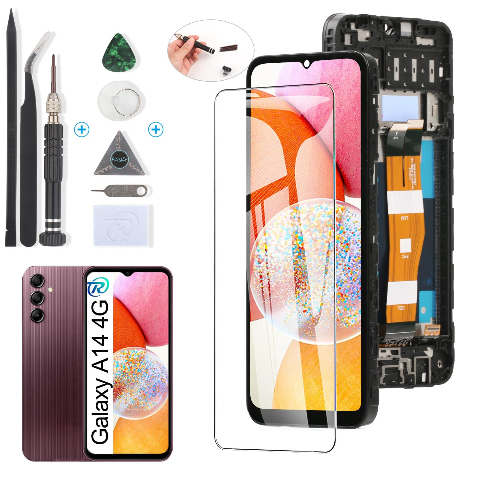 RongZy Pantalla para Samsung Galaxy A14 4G SM-A145p/A145R 2023 Táctil LCD de Repuesto Ensamblaje Digitalizador Reemplazo para Samsung Galaxy A14 4G con Herramientas de Reparación(Negro con Marco)