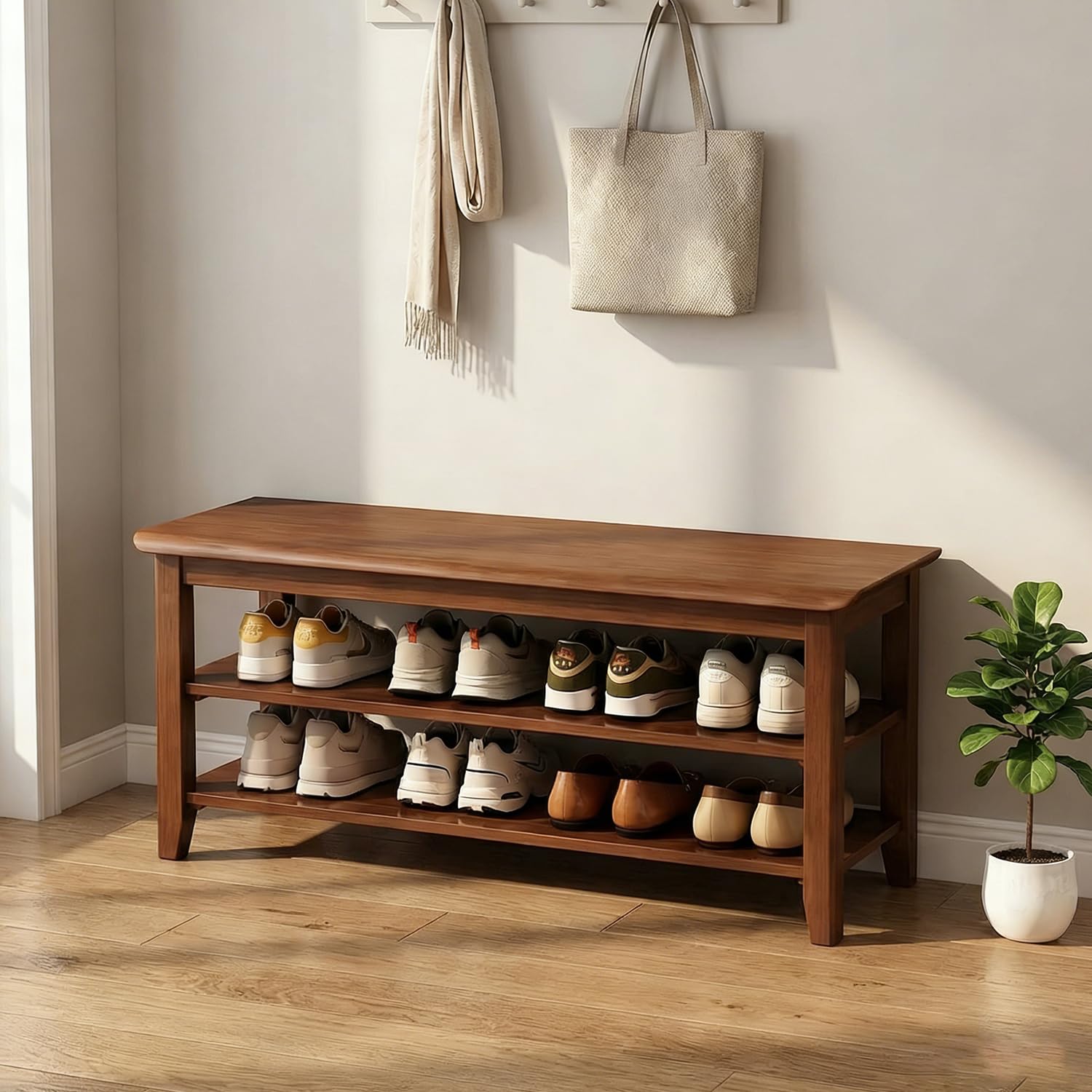 Photo 1 of latifolia Shoe Rack Bench, Height Adjustable Solid Wood Shoe Bench, 3-Tiers Shoe Storage Bench for Entryway, Hallway, Walnut,31.50''L