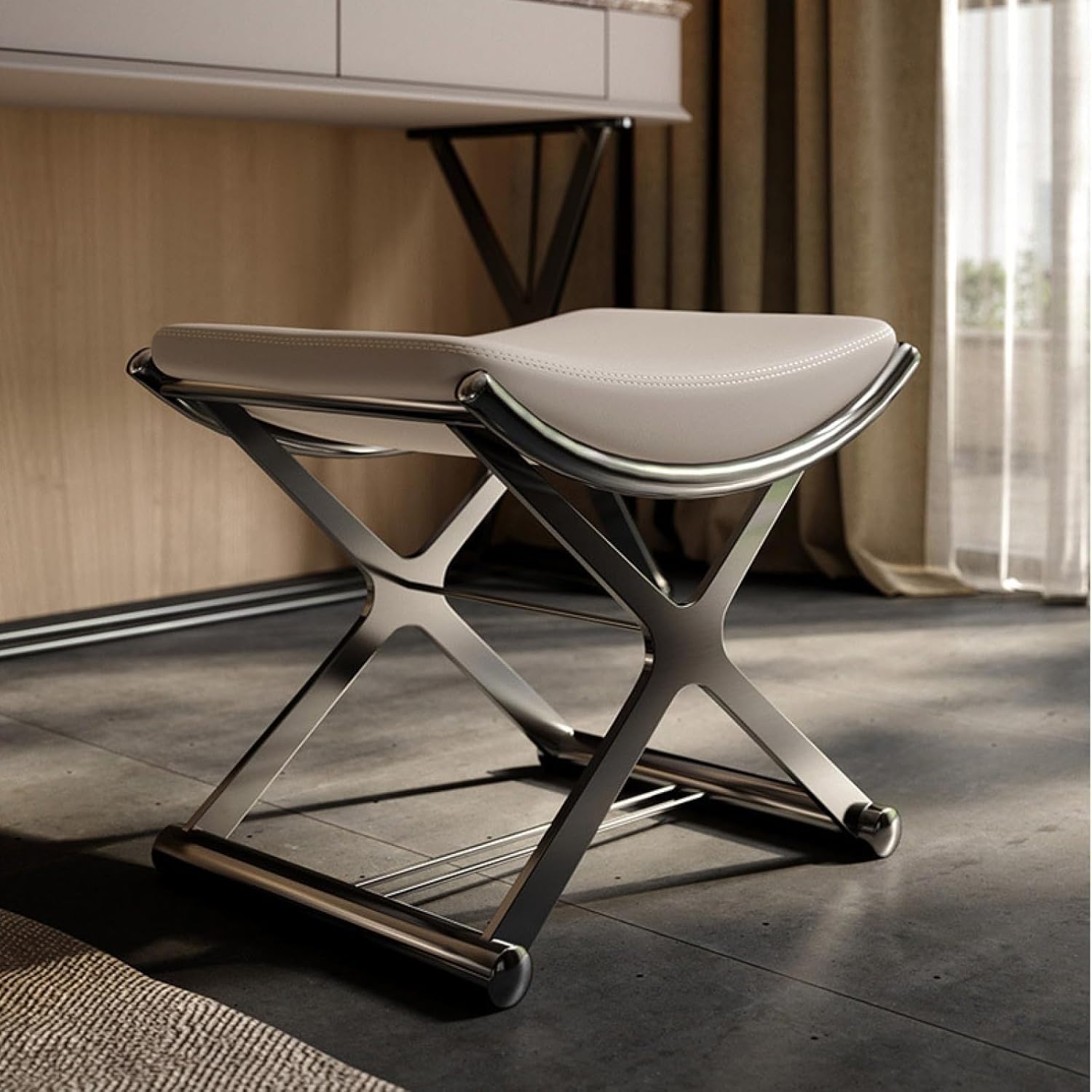 ACICS Leather Ottoman Vanity Stool with Metal X Legs, Multifunctional Padded Seat for Makeup, Living Room, Bathroom