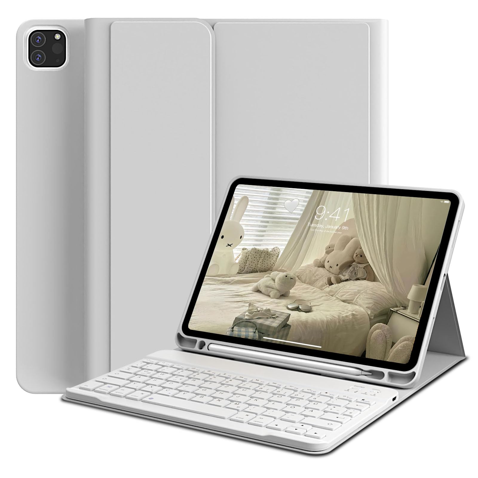 Funda con teclado para iPad Pro 11 4ª/3ª/2ª generación 2022/2021/2020 con soporte para bolígrafo, teclado Bluetooth magnético desmontable QWERTZ, para iPad Pro de 11 pulgadas, gris