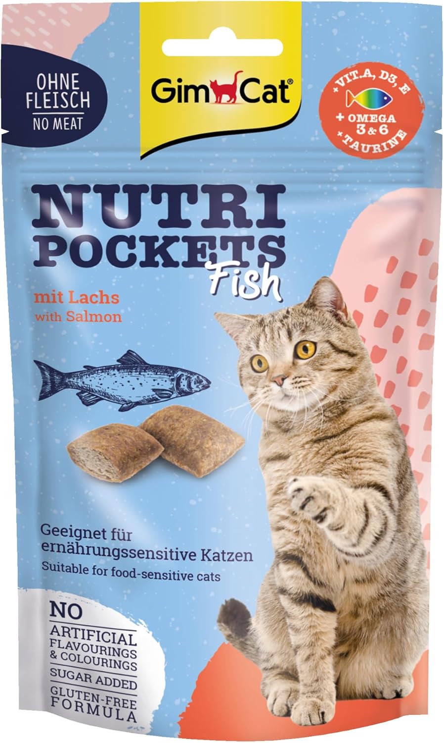 GimCat Nutri Pockets Fish Salmon – Knuspriger Katzensnack mit funktionellen Zutaten – 1 Beutel (1 x 60 g)