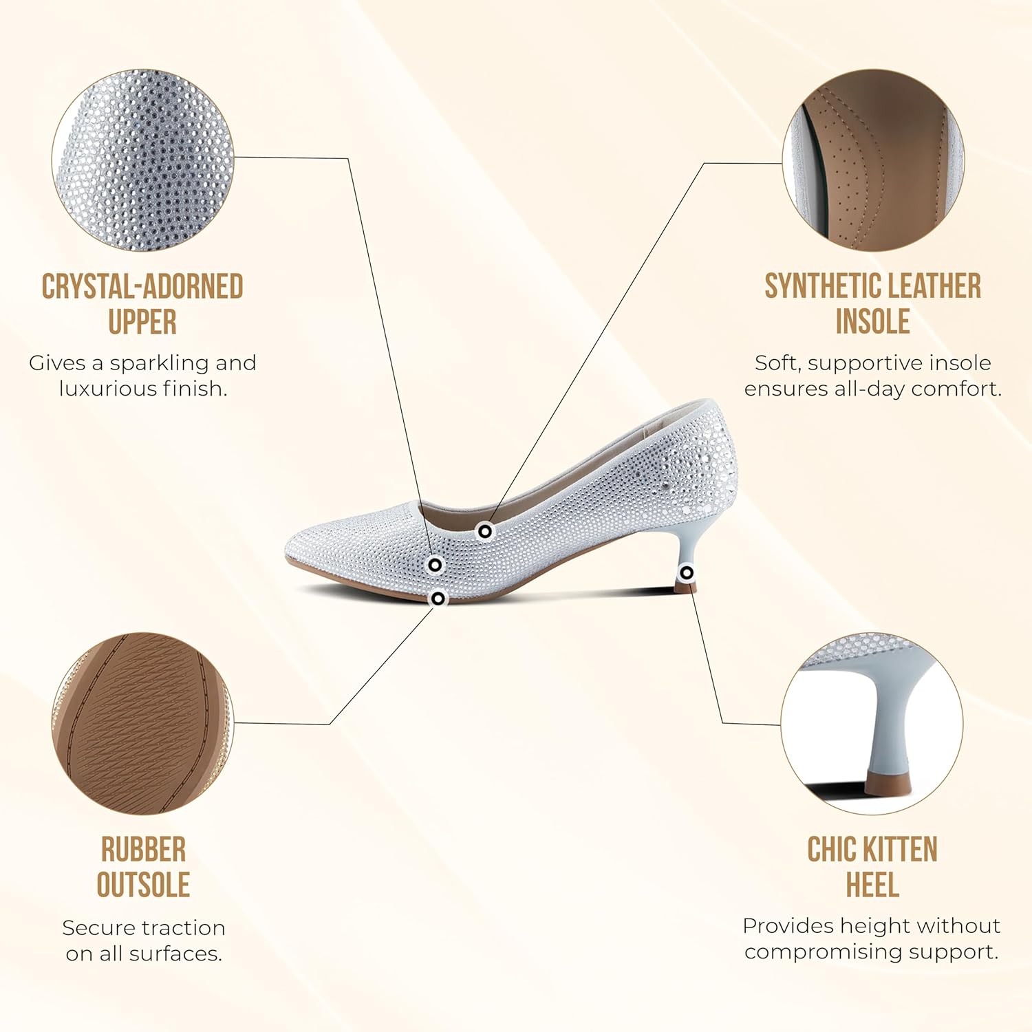 PATRIZIA Women's Tyanna Kitten Heel Pumps with Delicate Crystals, Pointed Toe, and Comfortable Fit