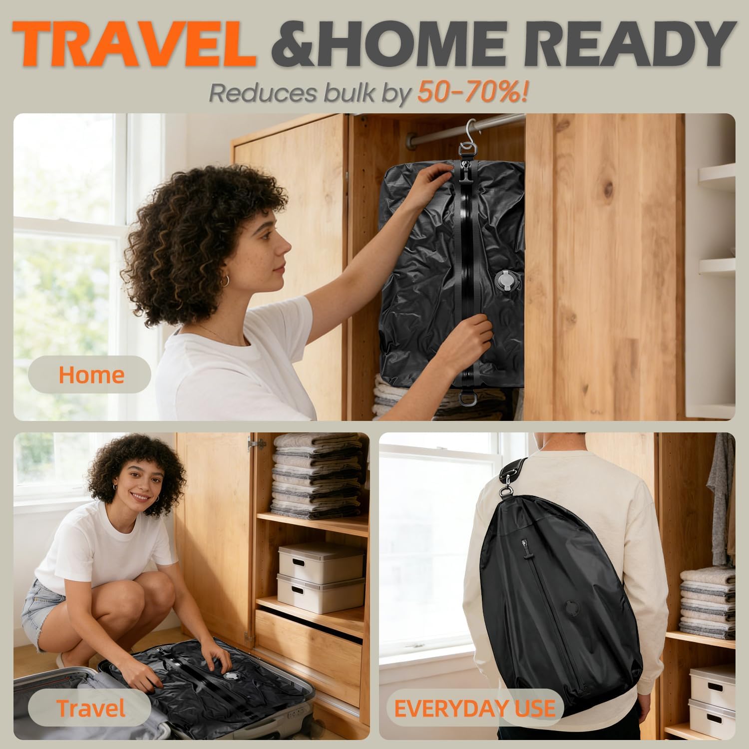 LONGHIKER Travel Vacuum Bags with Pump – Reusable Airless Space Saver Vacuum Storage Bags Compression Bag for Carry-On Suitcase & Backpack, IPX8 Waterproof TPU Vacuum Seal Bags for Clothing(1PC-34L)