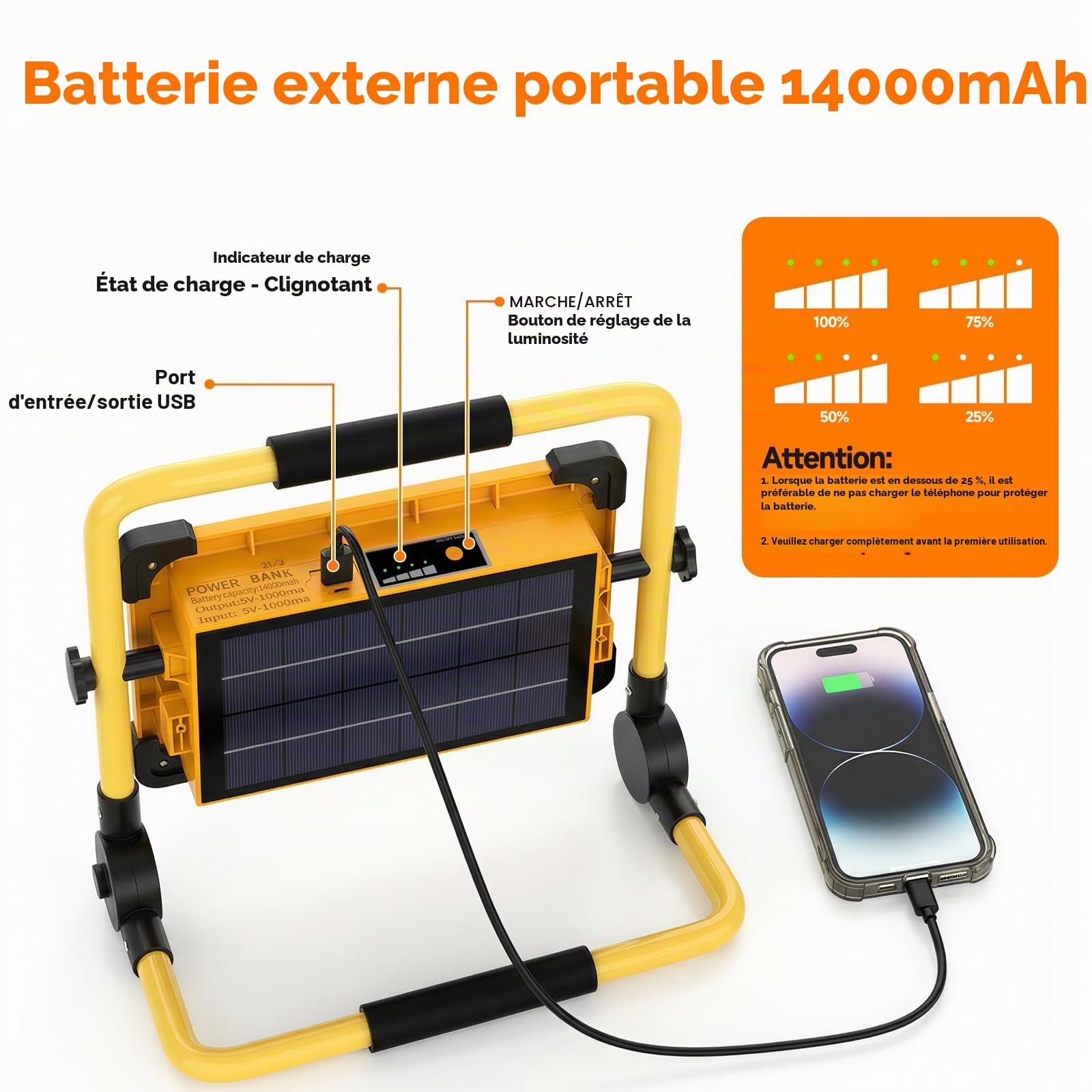 Projecteur Chantier LED Rechargeable Solaire 100W Lampe de Travail | 4 Modes, 120 LED, 14000mAh Batterie, Étanche USB Banque d'alimentation, Pour Garage, Camping, Bricolage, Atelier