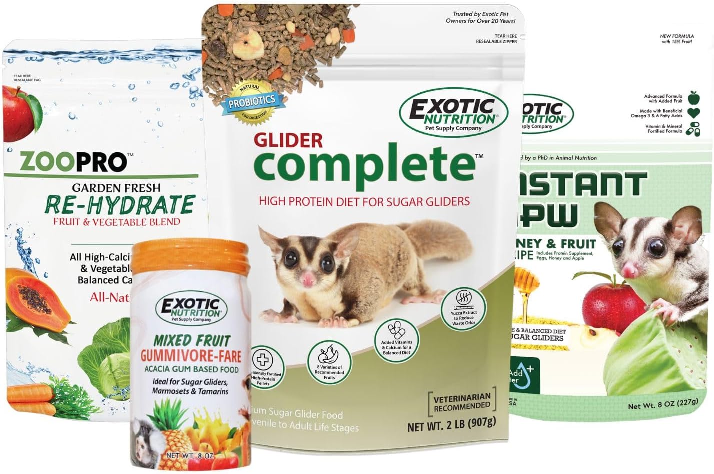 Sugar Glider Superior Food Starter Package - Nutritionally Complete Pellet Diet & High Protein Supplemental Food for Sugar Gliders… (4 Piece Set)