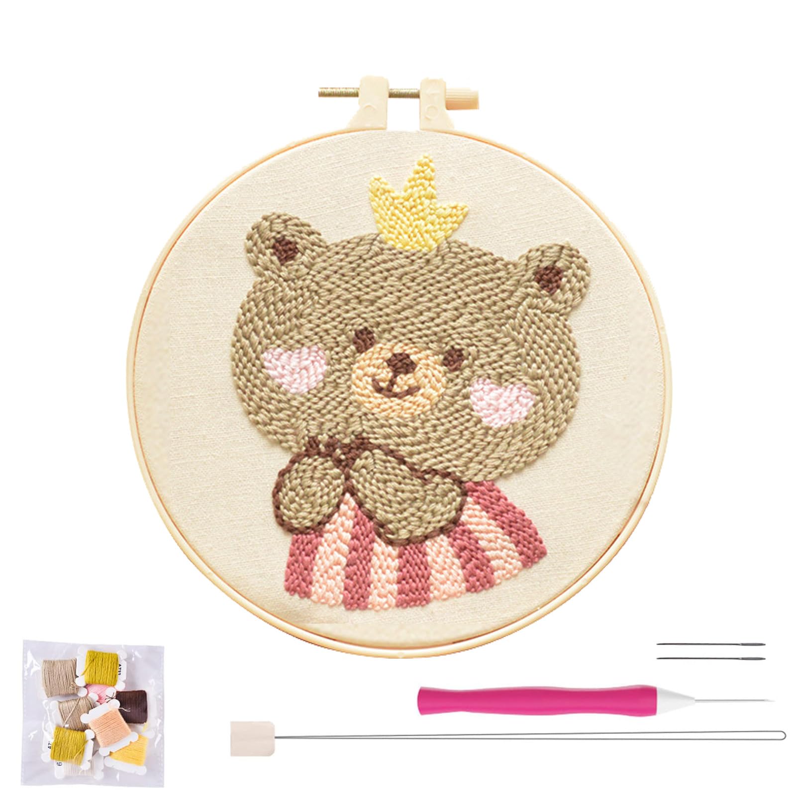 artcici パンチニードルキット 初心者向け 動物 キュート ピンク ハート くま パターン ツール 毛糸 簡単刺繍ラグ フッキングセット (ピンク)
