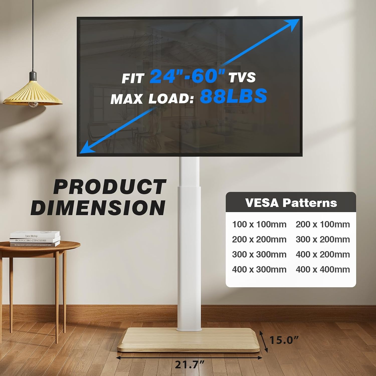 Rfiver Rolling TV Stand with Hidden Wheels for 24 to 60 Inch TVs, 60° Swivel & Height Adjustable Floor TV Stand with Mount, Saving Space Mobile TV Cart Holds up to 88lbs for Bedroom, Corner