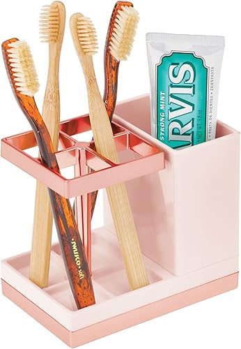Miniatura 3 de mDesign - Soporte decorativo de plástico para cepillo y pasta de dientes, organizador dental con 5 compartimentos para el mueble de baño y el