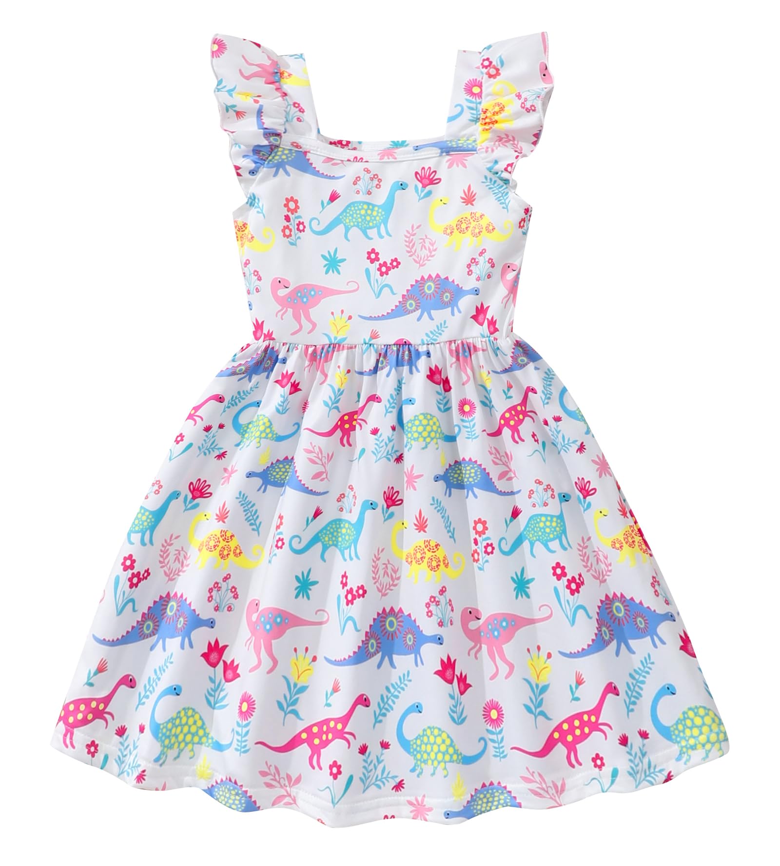 Toddler Girls Summer Dresses Ruffle Sleeveless Square Neck Dinosaur Unicorn Sundress Girls Flutter Sleeve Casual Dress 2T-8T